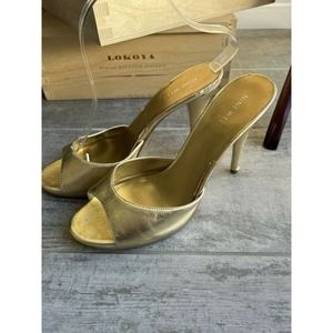 NINE WEST Gold High Heel Pumps Slip On Sandals Holiday Designer NW Deelight 8 M